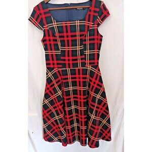 PUKAVT Women's L Navy Red Plaid Fit Flare Skater Dress Square Neck